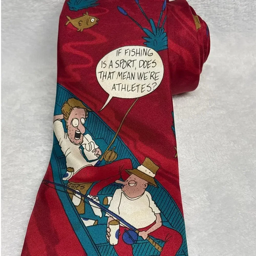 Richard‎ L. Torrey Men's Neck Tie Fishing Theme Bench Wormers Funny Retro